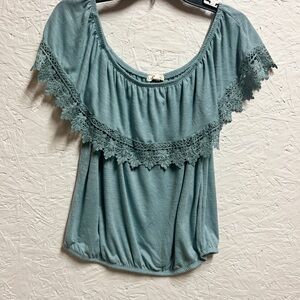 NWOT paper + tee Off-Shoulder Crochet Trim Women's Top - Sage Green